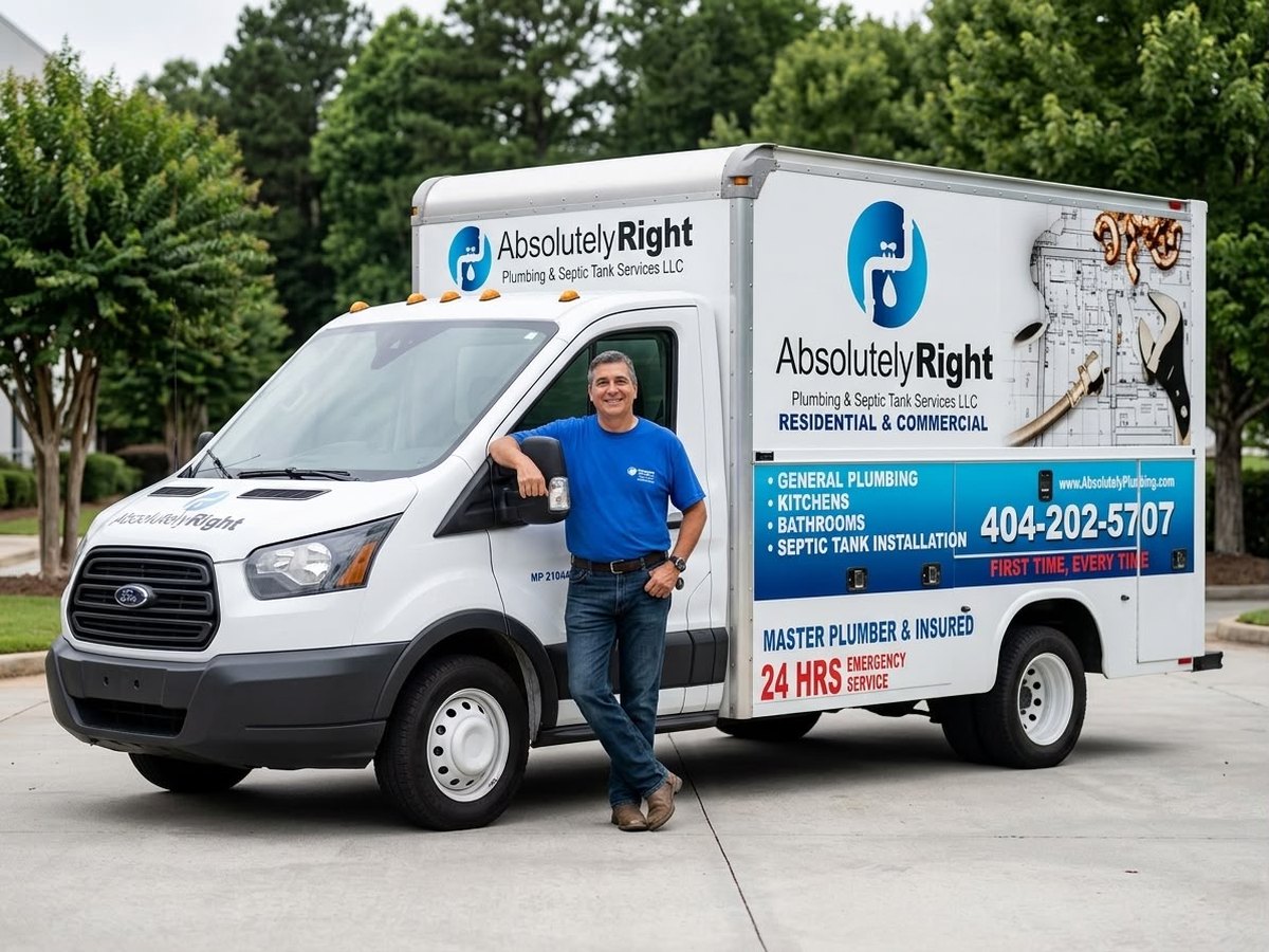 An Absolutely Right Plumbing technician standing beside the company work van
